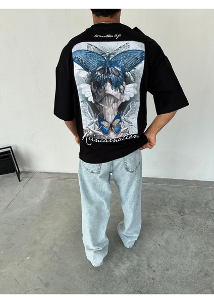 Reincarnation Baskılı Siyah Oversize T-Shirt
