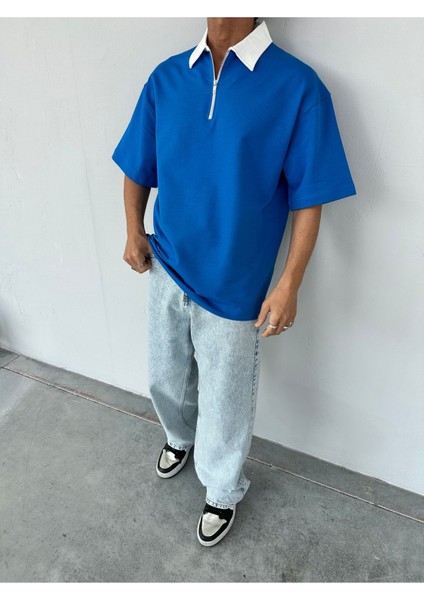 Fermuarlı Garnili Mavi Polo Yaka T-Shirt