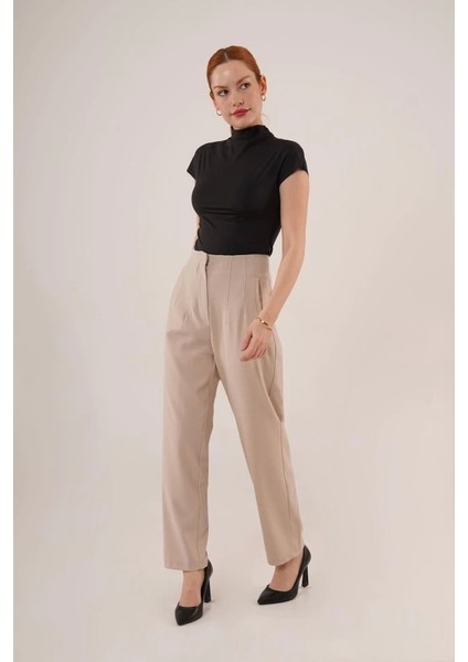 Çift Pens Detaylı Krem Pantolon