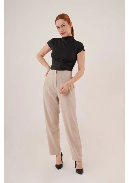 Çift Pens Detaylı Krem Pantolon