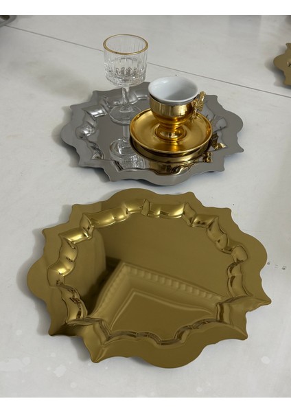 Gold ve Gümüş 2 Adet Güneş Model Yuvarlak Sunum Tepsisi Servis