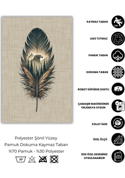 Kartal Desenli Halı Kuş Tüyü Desenli Puslu Orman Temalı Halı Vahşi Doğa Temalı Diital Baskılı Ofis Halısı fırsatları