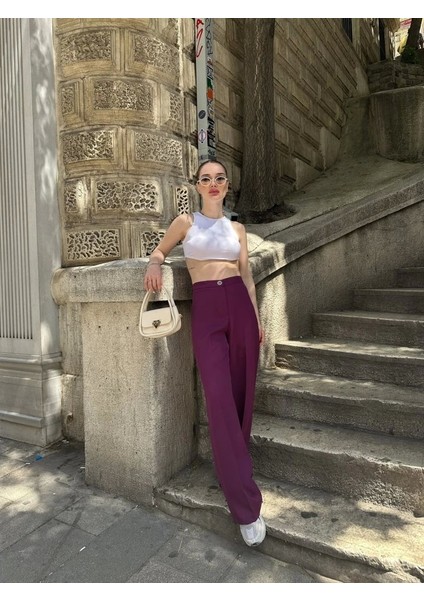 Yüksek Bel Palazzo Metal Düğme Pantolon