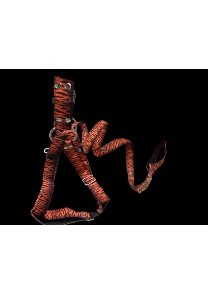 Köpek göğüs tasması gezdirme kayışlı takım orta ve büyük ırk destekli kolon kumaş kaplan desenli genişlik:2,5cm göğüs ölçüsü:45-85cm ayarlamalı k.uzunluk:120cm dog harness TB3-5