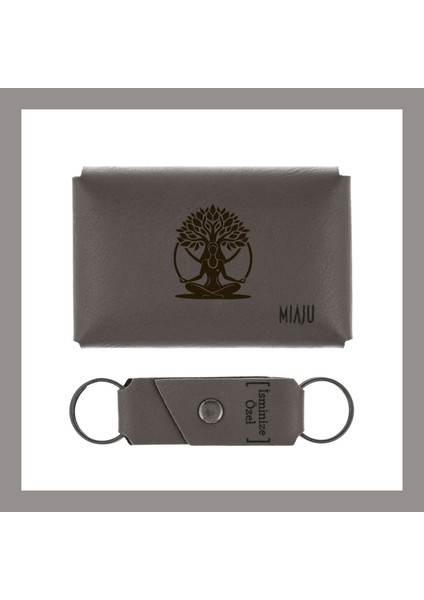 Kül Gri, Hayat Ağacı Motifli, Bereket ve Şansı Temsil Eden Özel Tasarım Cüzdan & Anahtarlık Seti