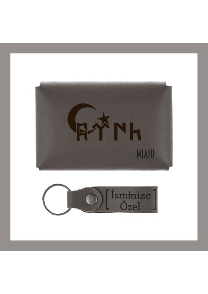 Kül Gri, Göktürk Alfabesiyle Özel Tasarlanmış Cüzdan ve Anahtarlık Set, Şıklık ve Anlam Bir Arada