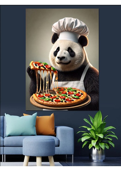 Pizza Yaparken Panda Şef Dekoratif Kanvas - Mdf Ahşap Tablo