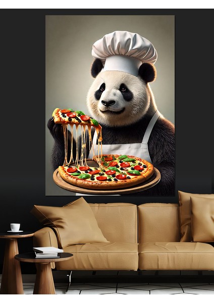 Pizza Yaparken Panda Şef Dekoratif Kanvas - Mdf Ahşap Tablo