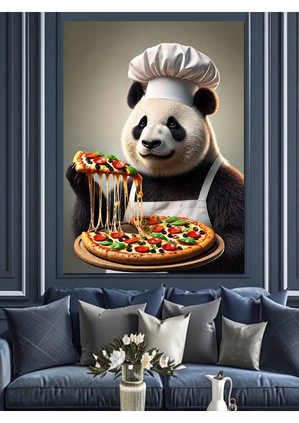 Pizza Yaparken Panda Şef Dekoratif Kanvas - Mdf Ahşap Tablo