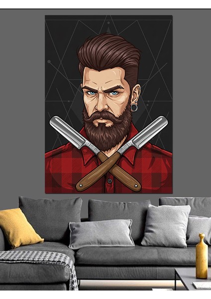 Berber ve Çapraz Ustura Portresi Dekoratif Kanvas - Mdf Ahşap Tablo