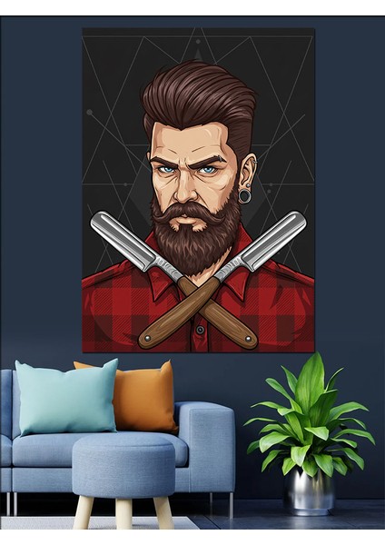 Berber ve Çapraz Ustura Portresi Dekoratif Kanvas - Mdf Ahşap Tablo modelleri
