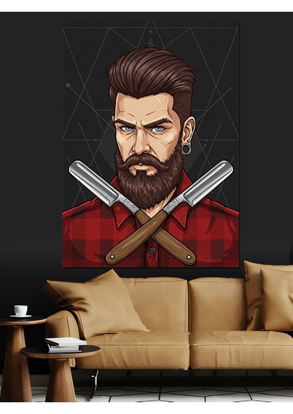 Berber ve Çapraz Ustura Portresi Dekoratif Kanvas - Mdf Ahşap Tablo fırsatları