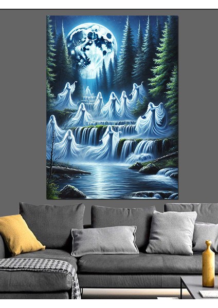Şelale ve Ayışığı Altında Silüetler Dekoratif Kanvas - Mdf Ahşap Tablo