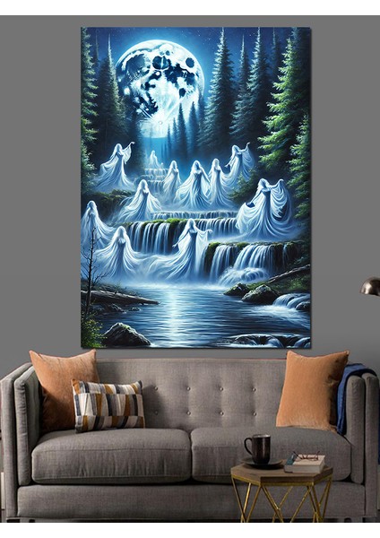 Şelale ve Ayışığı Altında Silüetler Dekoratif Kanvas - Mdf Ahşap Tablo fiyatları