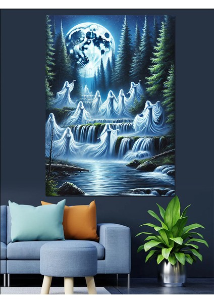 Şelale ve Ayışığı Altında Silüetler Dekoratif Kanvas - Mdf Ahşap Tablo modelleri
