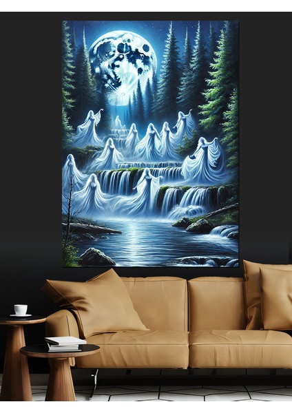 Şelale ve Ayışığı Altında Silüetler Dekoratif Kanvas - Mdf Ahşap Tablo fırsatları