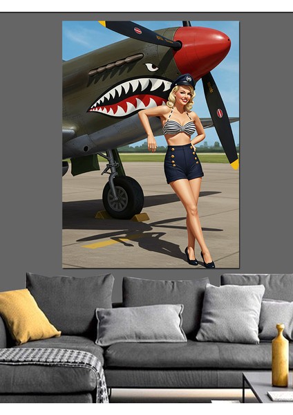 Askeri Uçak ve Pin-Up Kadın Dekoratif Kanvas - Mdf Ahşap Tablo