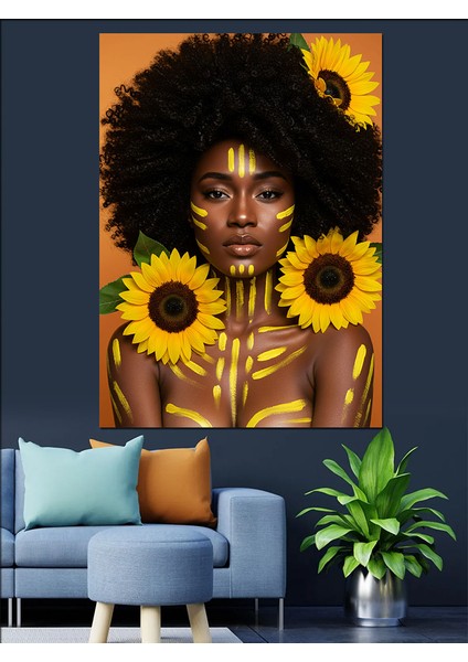 Güneş Çiçeği Taçlı Afro Kadın Dekoratif Kanvas - Mdf Ahşap Tablo