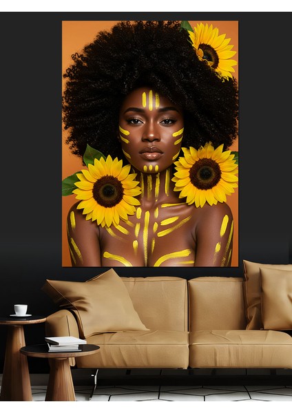 Güneş Çiçeği Taçlı Afro Kadın Dekoratif Kanvas - Mdf Ahşap Tablo fiyatları
