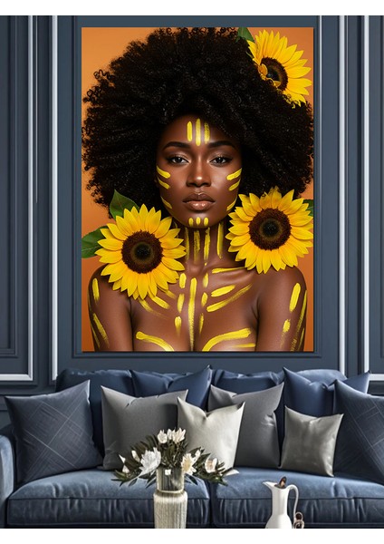 Güneş Çiçeği Taçlı Afro Kadın Dekoratif Kanvas - Mdf Ahşap Tablo modelleri