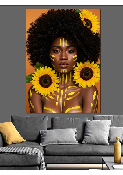 Güneş Çiçeği Taçlı Afro Kadın Dekoratif Kanvas - Mdf Ahşap Tablo fırsatları