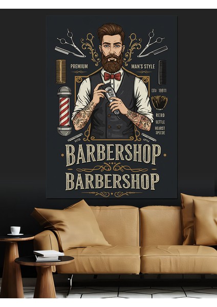 Berber Dükkanı Afişi Dekoratif Kanvas - Mdf Ahşap Tablo