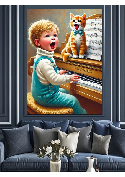 Piyano Çalan Çocuk ve Kedi Dekoratif Kanvas - Mdf Ahşap Tablo