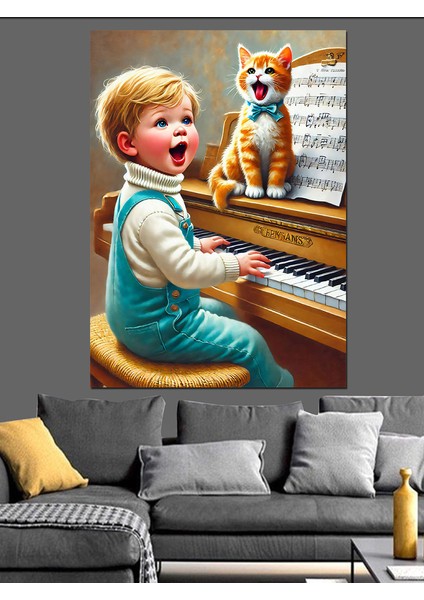 Piyano Çalan Çocuk ve Kedi Dekoratif Kanvas - Mdf Ahşap Tablo fiyatları