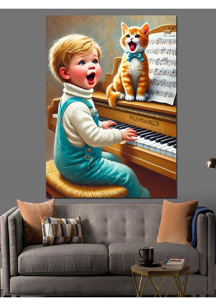 Piyano Çalan Çocuk ve Kedi Dekoratif Kanvas - Mdf Ahşap Tablo modelleri