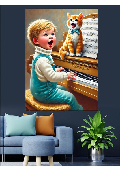 Piyano Çalan Çocuk ve Kedi Dekoratif Kanvas - Mdf Ahşap Tablo fırsatları