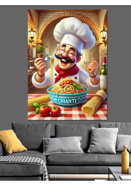 Şef ve Italyan Pizza Afişi Dekoratif Kanvas - Mdf Ahşap Tablo