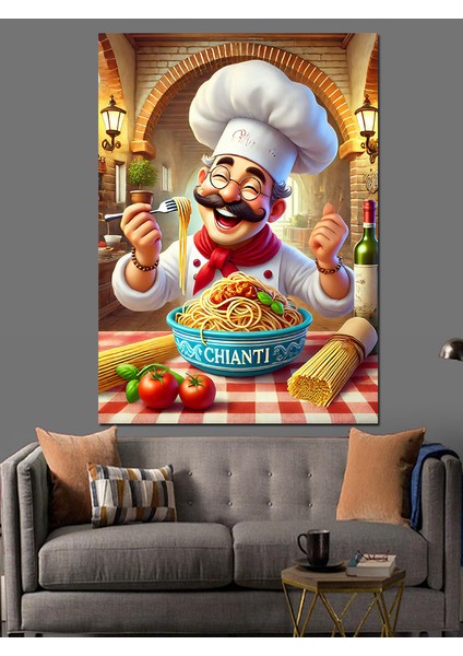 Şef ve Italyan Pizza Afişi Dekoratif Kanvas - Mdf Ahşap Tablo