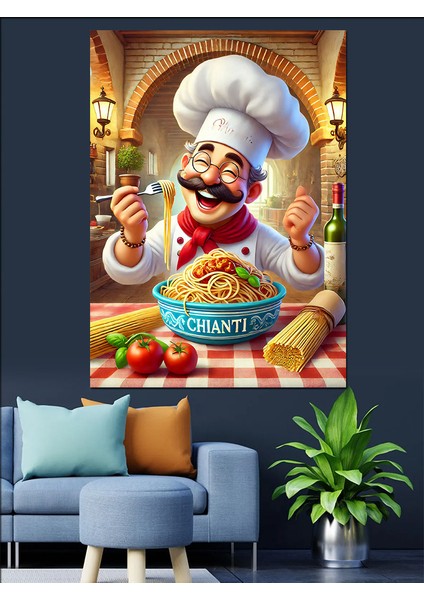 Şef ve Italyan Pizza Afişi Dekoratif Kanvas - Mdf Ahşap Tablo