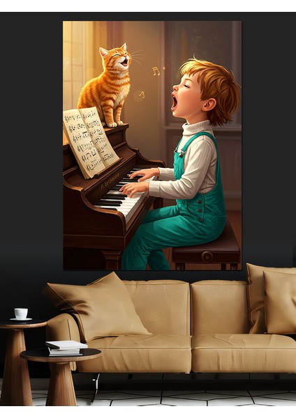 Kedi ve Çocuk Piyano Çalıyor Dekoratif Kanvas - Mdf Ahşap Tablo