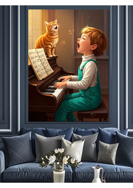 Kedi ve Çocuk Piyano Çalıyor Dekoratif Kanvas - Mdf Ahşap Tablo fiyatları