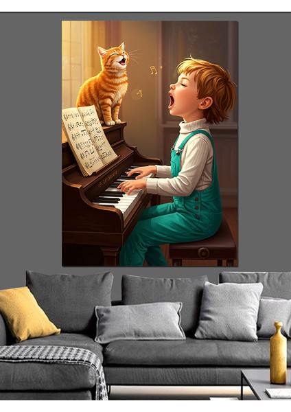 Kedi ve Çocuk Piyano Çalıyor Dekoratif Kanvas - Mdf Ahşap Tablo modelleri