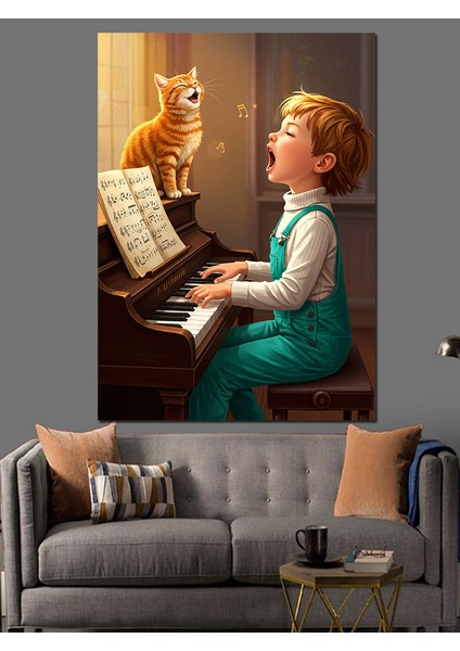 Kedi ve Çocuk Piyano Çalıyor Dekoratif Kanvas - Mdf Ahşap Tablo fırsatları