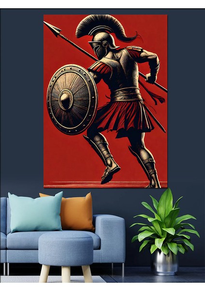 Kalkanlı ve Mızraklı Savaşçı Dekoratif Kanvas - Mdf Ahşap Tablo