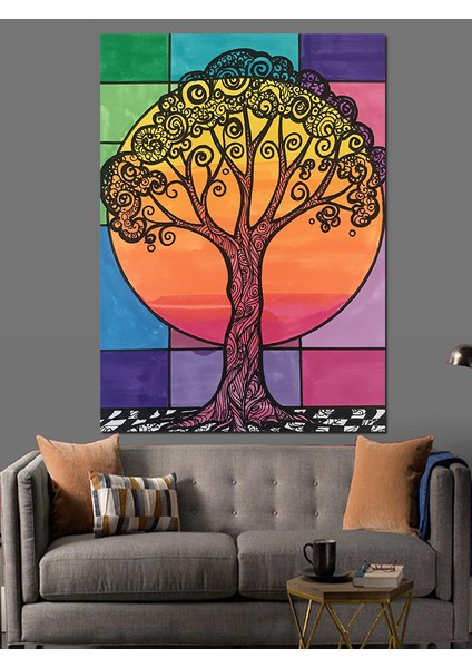 Renkli Soyut Ağaç ve Güneş Dekoratif Kanvas - Mdf Ahşap Tablo
