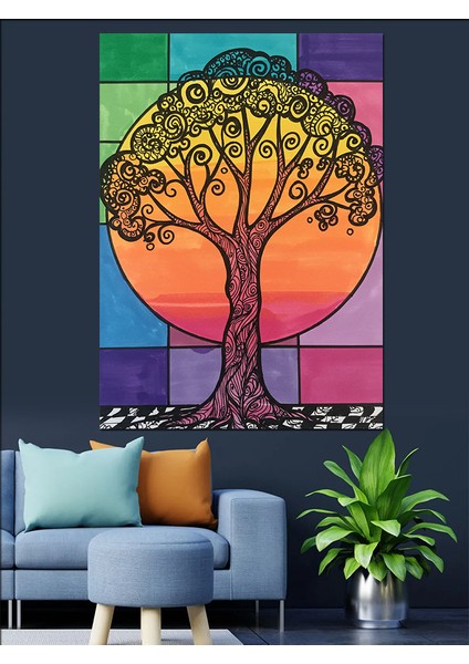 Renkli Soyut Ağaç ve Güneş Dekoratif Kanvas - Mdf Ahşap Tablo fiyatları