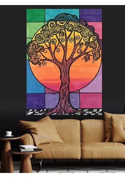 Renkli Soyut Ağaç ve Güneş Dekoratif Kanvas - Mdf Ahşap Tablo modelleri