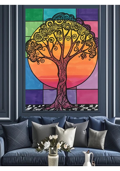 Renkli Soyut Ağaç ve Güneş Dekoratif Kanvas - Mdf Ahşap Tablo fırsatları