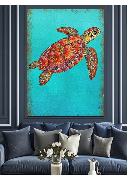 Renkli Deniz Kaplumbağası Dekoratif Kanvas - Mdf Ahşap Tablo