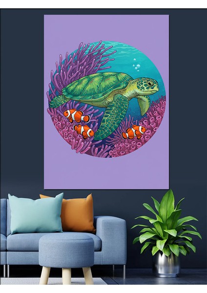 Renkli Deniz Kaplumbağası Dekoratif Kanvas - Mdf Ahşap Tablo