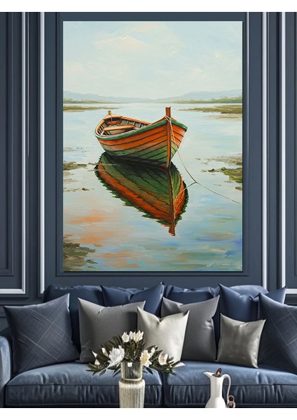 Gölde Yüzen Kayık Dekoratif Kanvas - Mdf Ahşap Tablo