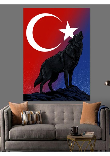 Türk Bayrağı ve Kurt Dekoratif Kanvas - Mdf Ahşap Tablo