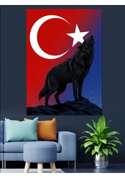Türk Bayrağı ve Kurt Dekoratif Kanvas - Mdf Ahşap Tablo