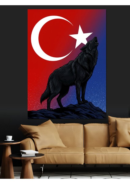 Türk Bayrağı ve Kurt Dekoratif Kanvas - Mdf Ahşap Tablo