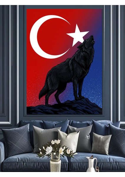 Türk Bayrağı ve Kurt Dekoratif Kanvas - Mdf Ahşap Tablo