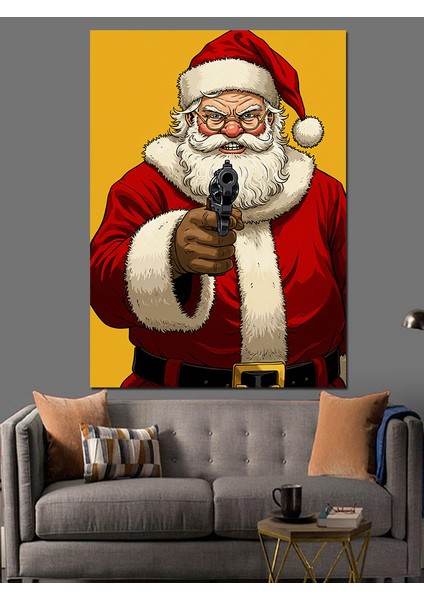 Silahlı Noel Baba Dekoratif Kanvas - Mdf Ahşap Tablo